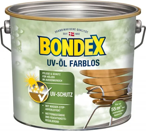 Bondex UV-Öl Universal Farblos 2,50 l - Hochwertiger Holzschutz - Holzöle für langlebigen Schutz und Pflege, das Bondex UV-Öl schützt Ihre Holzoberflächen effektiv vor UV-Strahlen und Witterungseinflüssen.