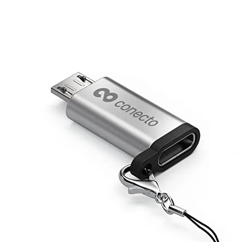 conecto, Micro USB auf USB-C Adapter, OTG Unterstützung, kompatibel mit Apple Geräten, inkl. Schlaufe/Karabiner, Aluminium Gehäuse, Silber