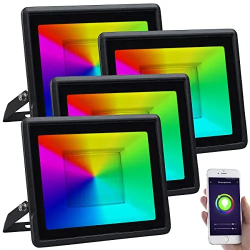 Luminea Home Control WLAN LED-Strahler: 4er-Set WLAN-Fluter, RGB-CCT-LEDs, App, 3.750 lm, 50 W, IP65 (Fluter mit Sprachsteuerung, Flutlicht-Strahler mit WiFi, Arbeitsleuchte)