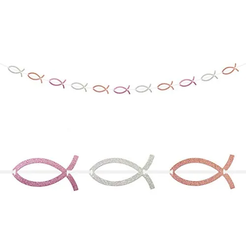 Oblique Unique® Fisch Girlande Silber Rosa Lachsfarben Glitzernd für Kommunion Taufe Konfirmation Hochzeit Feier Dekoration