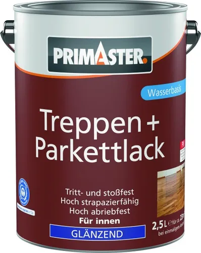 Primaster Treppen + Parkettlack farblos glänzend 2,5 L - Hochwertiger, transparenter Lack für Holzoberflächen, ideal für Treppen und Parkett, bietet optimalen Schutz und glänzendes Finish.