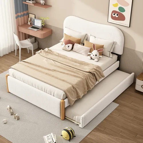 STILVORA Kinderbett 140x200 Jugendbett mit Lattenrost und ausziehbares Rollbett(90×190),Einzelbett mit Kopfteil in Wolkenform,weiß(mit Matratze)