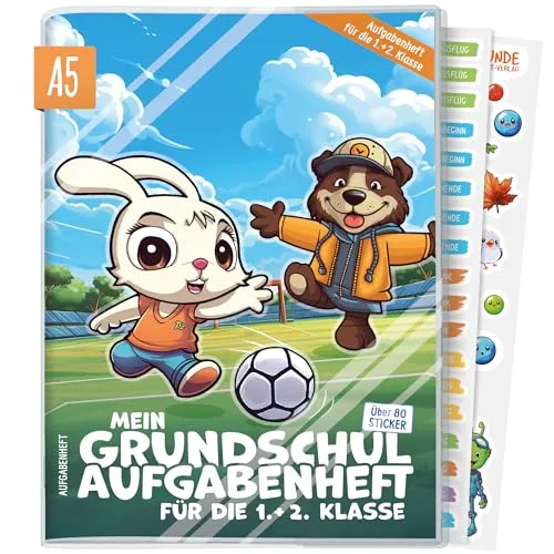 Hausaufgabenheft Grundschule A5 für die 1. + 2. Klasse ohne Datum mit Schutzhülle, Stickern, Lern- und Denkspielen