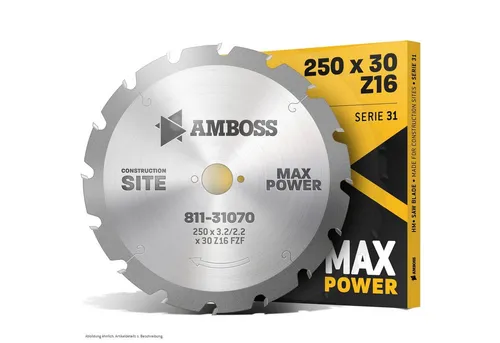 Amboss Kreissägeblatt HM 250 mm - Universell und Nagelsicher - Kreissägeblatt für robusten Einsatz auf Baustellen. Ideal zum Schneiden von Holz mit Beton- und Nagelresten. Nagelsicher dank Flachzahn mit Wechselfase.