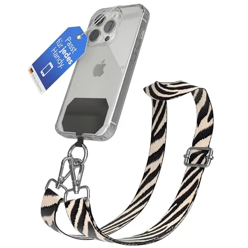 EAZY CASE - Handykette Universal zum Umhängen kompatibel mit jedem Handy Kette mit Hülle kombinierbar Handykordel Karabiner für Handyhülle Handyband zum Umhängen Zebra - Schwarz Taupe Silber
