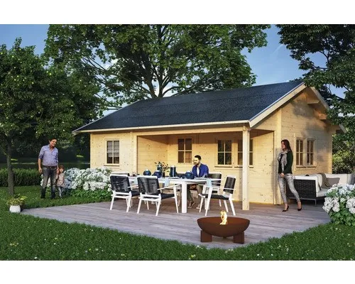 Blockbohlenhaus SKAN HOLZ Ontario mit Dachschalung - Gartenhaus mit dämmbarer Bauweise, ideal für ganzjährige Nutzung und bietet zusätzlichen Fußboden für mehr Komfort.