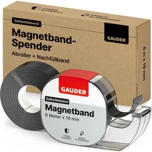 Gauder Magnetband schwarz, inkl. Ersatzband, selbstklebend, im Spender, 0,3mm Stärke, 19mm x 6m