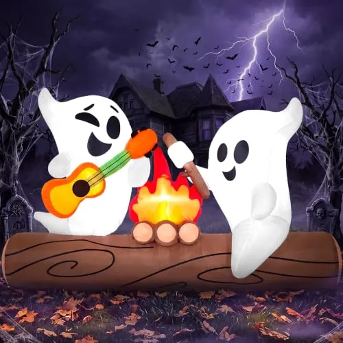 Joiedomi 1,8 m Lange aufblasbare Halloween-Geist-Dekoration für draußen, süßer aufblasbarer Geist röstet Marshmallows mit eingebauter LED, aufblasbare Halloween-Hofdekoration für Feiertagspartys