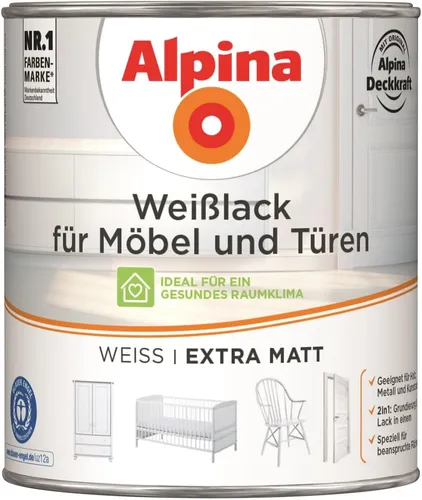 Alpina Weißlack für Möbel und Türen 2 Liter extra matt - Lacke mit 2in1 Funktion: Grundierung und Lack vereint, kratzfest und ideal für ein gesundes Raumklima. Ideal für ca. 26m² und ausgezeichnet mit dem Blauen Engel.