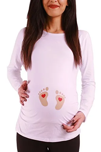 M.M.C. Fußabdrücke Baby mit Herz - Umstandsshirt für Schwangere - Modisches Schwangerschaftsshirt mit seitlichen Raffungen für optimalen Tragekomfort, aus 95% Baumwolle. Ideal für werdende Mamas, die Stil und Gemütlichkeit schätzen.