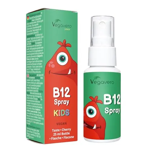 Vitamin B12 Spray für Kinder Vegavero | Vegan & Zuckerfrei | 5 µg B 12 in zwei Formen | Methylcobalamin | Leckerer Kirschgeschmack | Immunsystem & Energie*