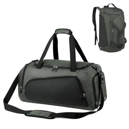 Astis Sporttasche Damen Herren, 45L Trainingstasche + Rucksack Funktion, Wasserdicht,Reisetasche mit Schuhfach Nassfach Laptopfach für Reisen, Schwimmen, Yoga, Wandern, Camping (Graugrün)
