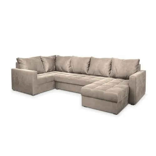 Masseno Ecksofa LORIVO L-S mit Schlaffunktion - Beige - Sofa mit Bettkasten und eleganter U-Form, ideal für vielseitige Nutzung im Wohnzimmer. Genießen Sie höchsten Komfort und praktischen Stauraum für Bettzeug.
