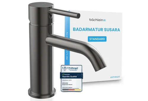 Bächlein Badarmatur Susara – Design Einhebelmischer in Anthrazit - Waschtischarmatur mit langlebiger Keramikkartusche und innovativem Perlator für optimale Strahlqualität und Geräuschreduzierung – Komplettset inklusive Anschlussmaterial!