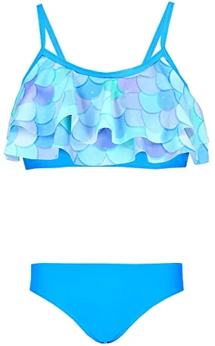 Aquarti Mädchen Bikini Set Bustier Bikinislip Zweiteiliger Badeanzug, Farbe: 030G mit Rüschen/Meerjungfrau Blau/Grün/Violett, Größe: 128