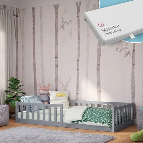 Bellabino Vere Bodenbett 90x200 cm – Montessori Kinderbett mit Rausfallschutz und Matratze - ⭐ KINDERBETT – Ideal für den Übergang zum eigenen Bett: sicheres Schlafen mit umlaufendem Rausfallschutz und stabilem Lattenrost. ⭐ INKLUSIVE MATRATZE – Allergikerfreundliche Kaltschaummatratze sorgt für optimalen Komfort.