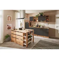 Küchenblock Hilde mit Insel und Geräten, 280cm Eiche/Grau