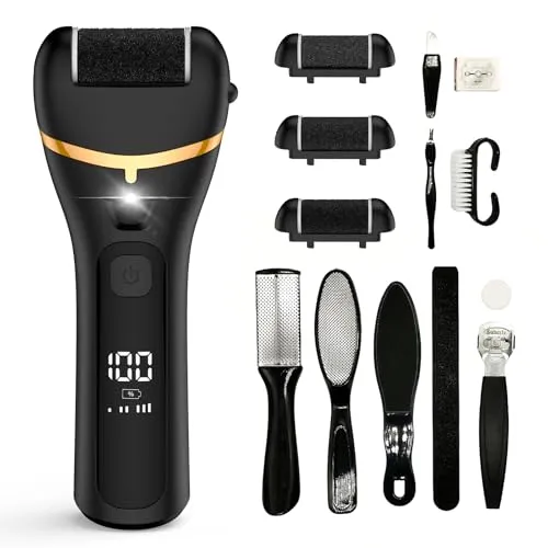 Elektrischer Hornhautentferner, USB Wiederaufladbarer Hornhautentferner mit 3 Ersatzrollen, Elektrische Fußpflege Fußfeile Hornhaut LED Licht (Black)