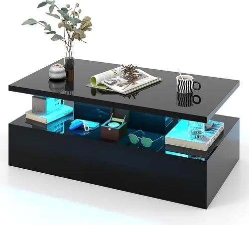COSTWAY LED-Couchtisch Hochglanz, Wohnzimmertisch mit einstellbaren Lichtfarben & Helligkeit, Fernbedienung, 2-stufiger Kaffeetisch, 110 x 60 x 40 cm