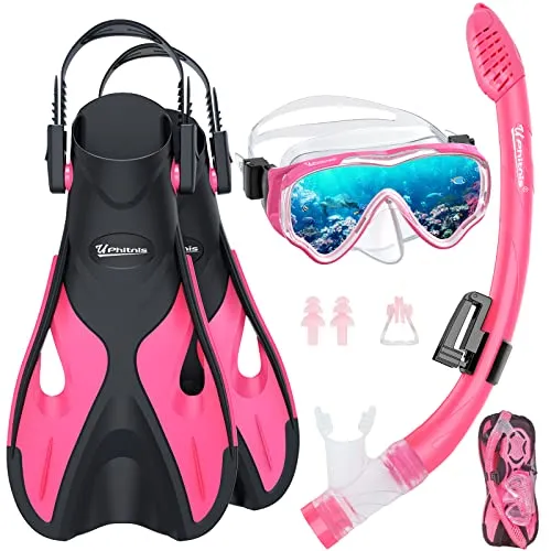 UPhitnis Schnorchelset für Kinder Mit Flossen, Anti-Fog 180° Panorama Taucherbrille, Verstellbaren Schwimmflossen und Premium Dry Schnorchel