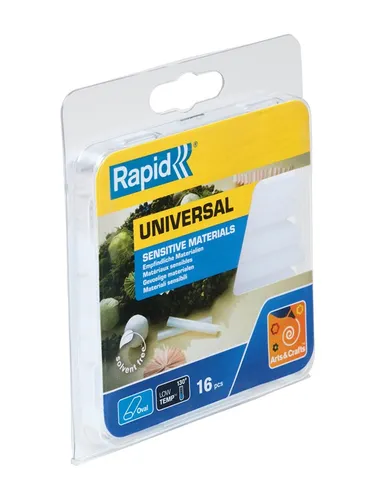 Rapid Oval Niedertemperatur-Klebesticks 40107349 - Ovale, lösemittelfreie Klebesticks für hitzeempfindliche Materialien. Ideal für kreative Bastelprojekte. Packung mit 16 transparenten Sticks, jeweils 94 mm lang.