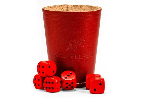 Waldfelsen Spiel – Echtleder Würfelbecher (9 cm) mit 6 Würfeln (16 mm) aus Buchenholz, Würfelspiel, Verschiedene Farben