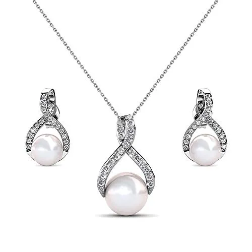 Nagel Jewellery Infinit Pearl Set: Anhänger & Ohrstecker aus 925 Sterling Silber - Elegantes Schmuckset für Damen aus 925 Sterling Silber, vergoldet mit 18K Weißgold und verziert mit Perle und funkelnden Zirkonia-Steinen. Perfekt als Weihnachtsgeschenk!