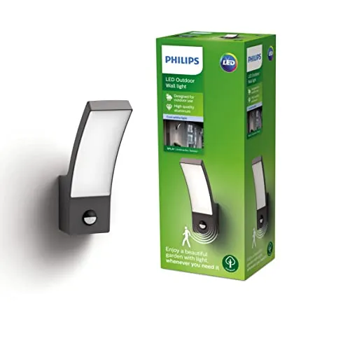 Philips Outdoor Splay LED Wandleuchte mit Sensor, 12W, Anthrazit - Lampen: Bewegungssensor bis 10m für automatisches Licht, ideal für Garten und Terrasse. IP44 Schutzklasse sorgt für Spritzwasserschutz.