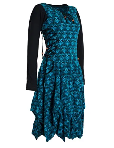 Vishes - Alternative Bekleidung - Langarm Damen Jersey-Kleid Blumenkleid Schnürung V-Ausschnitt türkis 44