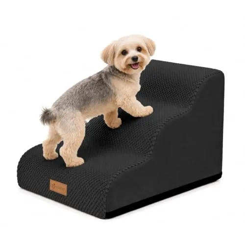 VOUNOT® Hundetreppe 3 Stufen – Rutschfeste Haustiertreppe für kleine Hunde & Katzen, abnehmbarer Bezug, Schwarz