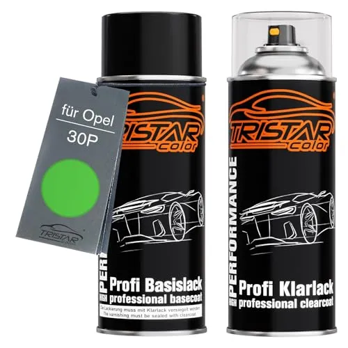 TRISTARcolor Autolack Spraydosen Set für Opel 30P Grasshopper Metallic/Apfelgrün Metallic Basislack Klarlack Sprühdose 400ml