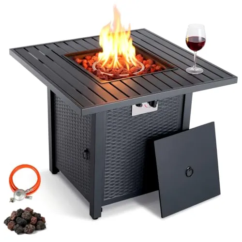 TLSUNNY Feuertisch 28 Zoll, Gas Feuerstelle Outdoor 14,5 kW für Garten | Mit Lavasteinen, Wasserfeste Schutzhülle, Tischplatte, 71*71*64 cm, Gas feuerschale Terrasse, Gaskamin, Esstisch & Heizung