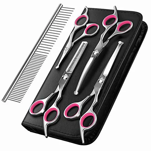 Pawaboo Hundepflege Schere Set, 5 Stück Professionelle Hundesalon Schere Kämmen Fellschere mit Runder Sicherheitspitze für Haustiere Hunde Katze Effilierschere Haarpflege Fellpflege Schneiden - Rosa
