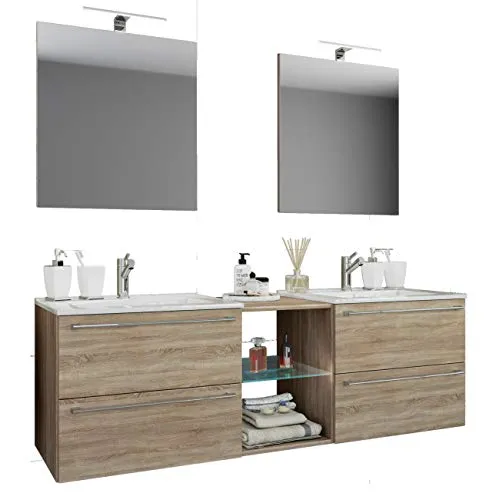 VCM 3-tlg. Badmöbel Set - Doppel Waschplatz - Waschbecken Set mit 2 Unterschränken, 2 Keramik Waschbecken und 2 Spiegeln, ideal für moderne Badezimmer und platzsparend mit viel Stauraum.