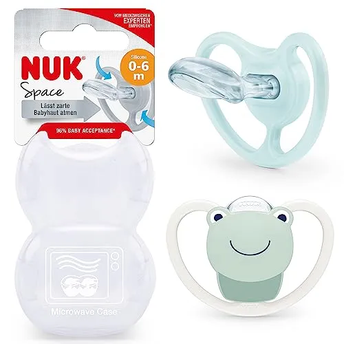 NUK Space Babyschnuller | 0−6 Monate | Schnuller mit zusätzlichen Öffnungen für sensible Haut | BPA-freies Silikon | Frosch | 2 Stück