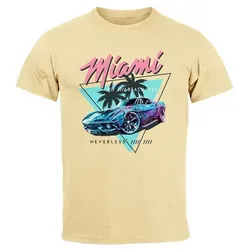 Neverless Print-Shirt Herren T-Shirt Bedruckt Miami Beach Surfing Motiv USA Retro Automobil mit Print beige L