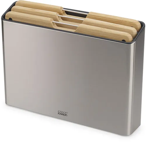 Joseph Joseph Folio Premium Schneidebrett-Set - 3-teiliges Hackbrett-Set mit rutschfesten Füßen und integrierten Edelstahlgriffen für einfache Entnahme. Die Aufbewahrungsbox fördert Luftzirkulation und schützt die Bretter.
