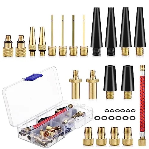 Fahrradventil Adapter Set, 33 Stück DV SV AV Französisches Ventil Adapter, Ventiladapter Fahrrad， Aufbewahrungsbox， Luftpumpe Adapter mit Aufblasbarer Schlauch, Fahrrad Ventil für Alle Fahrradventile