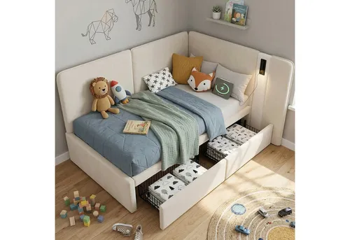 Redom Tagesbett Beige mit USB-Anschluss, 90x200 cm - Elegantes Tagesbett in Beige mit gepolstertem Kopfteil, zwei praktischen Schubladen und verstellbarer Leselampe. Ideal für stilvolle Schlafzimmer und bietet zusätzlichen Komfort dank USB- und Typ-C-Anschlüssen.