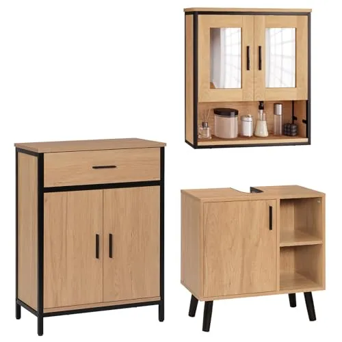EUGAD Badmöbel Set, Waschbeckenunterschrank mit Tür und 2 offenen Ablagen, Badschrank mit 2 Spiegeln und 1 Schublade, Badkommode mit verstellbarem Regal, aus Holzwerkstoff, helle Eiche schwarz