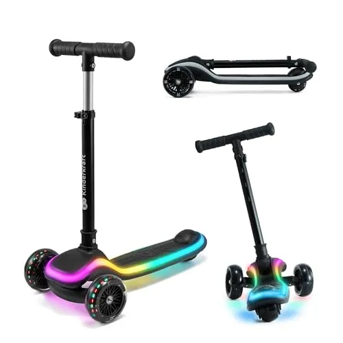 Kinderkraft RAKET Kinderroller – 3 Räder mit LED und RGB-Rädern – Höhenverstellbar & Klappbar – Ab 2 Jahren – Schwarz - Kinderroller mit 3 Rädern, ideal für Kinder ab 2 Jahren. Fördert das Gleichgewicht und die motorische Koordination. Mit leuchtender LED-Plattform und RGB-Rädern für mehr Sichtbarkeit und Spaß beim Fahren!
