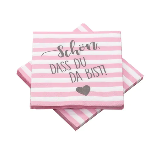Servietten Streifen 'Schön, dass du da bist!' rosa weiß grau 20 Stück