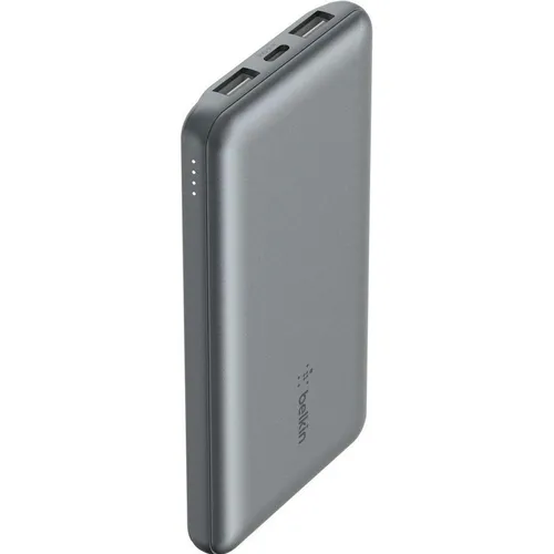 Belkin Powerbank 10000 mAh 15W Grau (BPB011BTGY) - Powerbank für mobiles Laden, 10000 mAh Kapazität mit 2x USB-A und 1x USB-C Anschluss, ideal für gleichzeitiges Laden von bis zu 3 Geräten, kompakt und leicht für unterwegs.