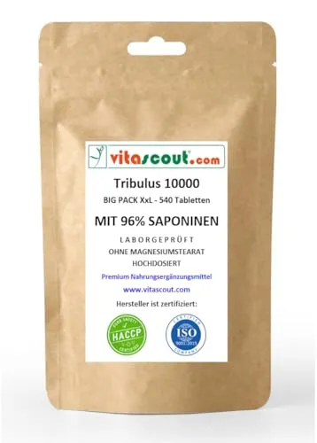 Tribulus Terrestris 10000 – 540 Vegetarische Tabletten Extrakt 30:1 – Hochdosiert 96% Saponine – Ohne Mykotoxine – Tagesdosis entspricht über 10000mg Pulver LABORGEPRÜFT