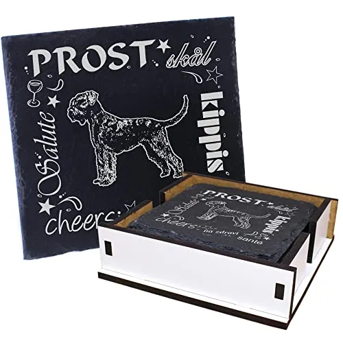 5X Schiefer Untersetzer - Prost Riesenschnauzer - Getränke-Untersetzer Set mit 4 rutschfesten Untersetzern und Holzbox, schützt Oberflächen vor Flecken und Hitze und sorgt für stilvolle Deko.