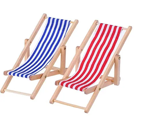 Miniatur Strand Stuhl, 2 Stück Hölzerner Mini Deko Liegestuhl | Puppenliegestuhl | Strandstuhl | Handyhalter | Miniliegestuhl | Klappstuhl, Blau-weißer Stoffsitz, ca.11x5cm