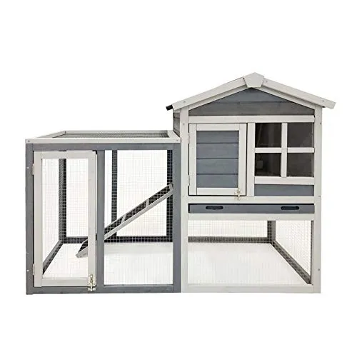Wiltec Hasenstall grau-weiß mit Freilaufgehege - Kleintiergehege für draußen mit zwei Etagen, ideal für artgerechte Haltung und viel Bewegungsfreiheit für Ihre Kaninchen.