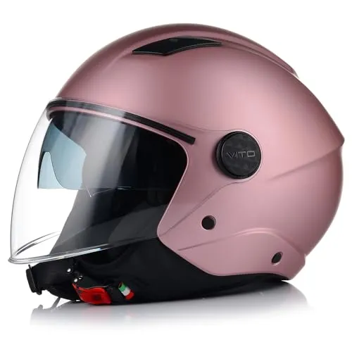 Vito Jet Helm Sarenta Rose Gold - Stylischer Motorradhelm in Rose Gold, ideal für Fahrten mit Stil. Leicht und komfortabel, bietet er optimalen Schutz für Motorrad- und Motorsportfans.