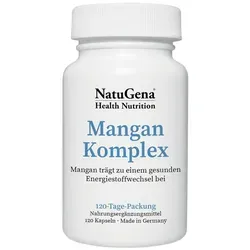 NatuGena Mangan-Komplex | 120 Kapseln - Nahrungsergänzungsmittel mit einer hochwertigen Mischung aus Mangan-Gluconat, -Bisglycinat und -Citrat, unterstützt den Energiestoffwechsel und die Knochenstärkung, 100 % vegan und ohne Zusatzstoffe.