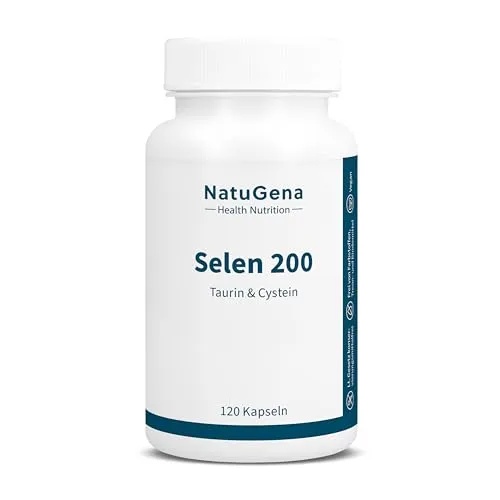 NatuGena Selen 200 Kapseln - mit Taurin & L-Cystein - Nahrungsergänzungsmittel mit 200 μg Selen, 130 mg Taurin und 100 mg L-Cystein. Unterstützt Schilddrüse und Immunsystem, 100 % vegan und in Deutschland hergestellt.